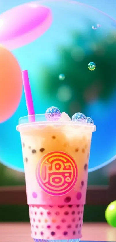 Colorful bubble tea with vibrant blue backdrop.