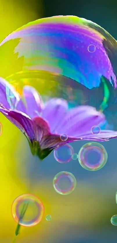 Colorful bubble enclosing a purple flower with a vibrant background.