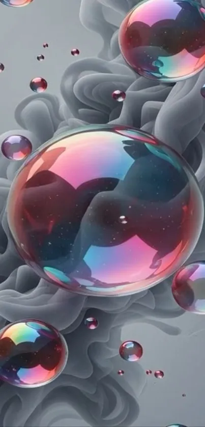 Colorful bubbles on a swirling gray background with abstract design.