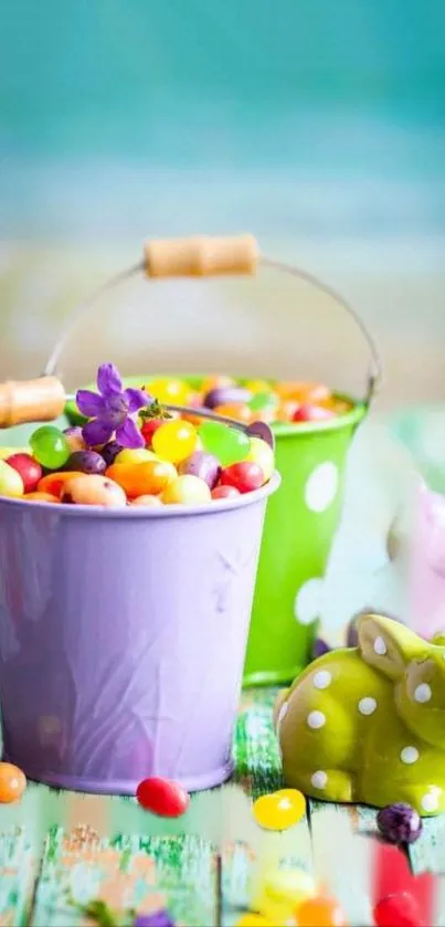 Colorful mobile wallpaper with buckets and jelly beans.