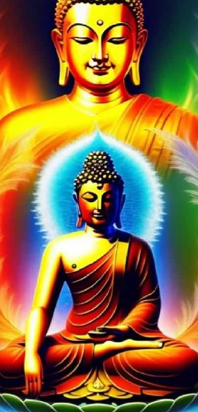 Colorful Buddha meditation art with vibrant orange hues for mobile wallpaper.