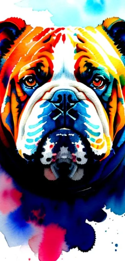 Colorful watercolor bulldog art with vibrant rainbow shades.