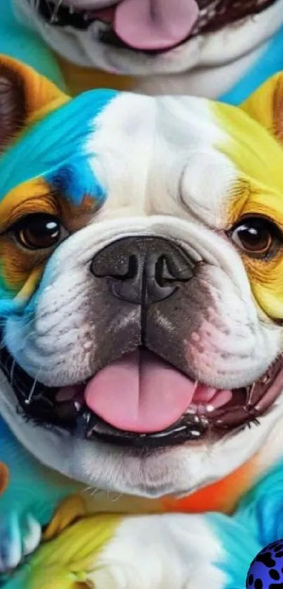 Colorful artistic bulldog design on wallpaper.