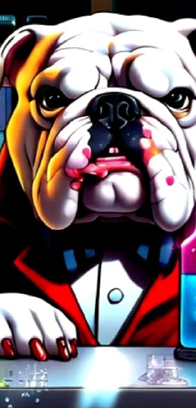 Bulldog dressed as a scientist with colorful vials on a lab table.