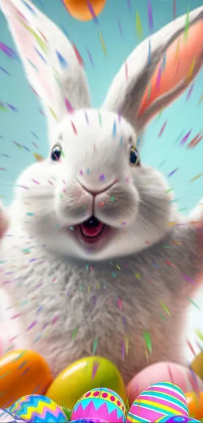 Joyful bunny with colorful Easter eggs and confetti.