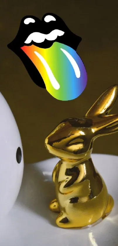 Golden bunny with rainbow splash and polka dots design.