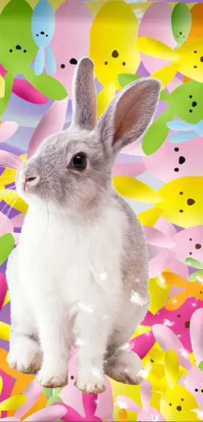 Vibrant wallpaper with a cute bunny and colorful abstract flowers.