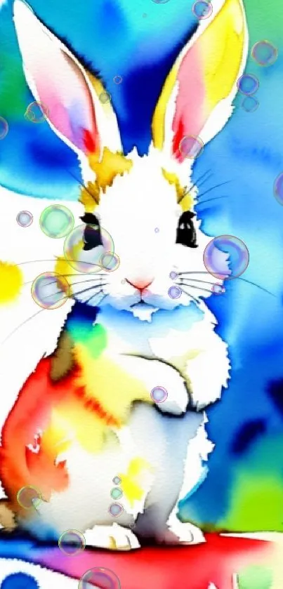 Watercolor bunny with vibrant colors on a phone wallpaper.