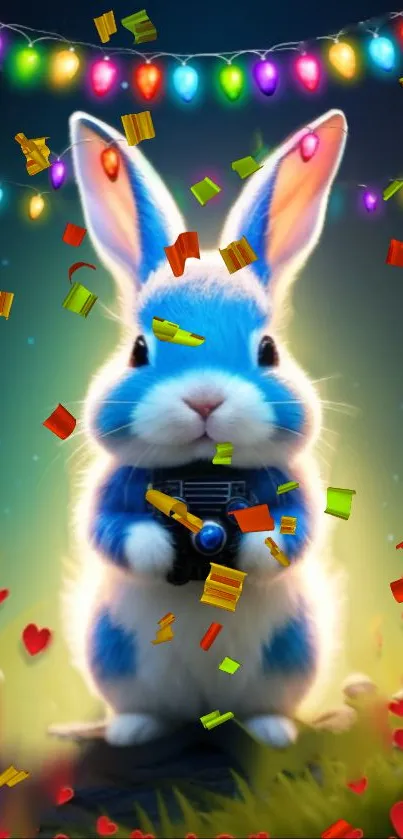 Blue bunny with lights and confetti on mobile wallpaper.