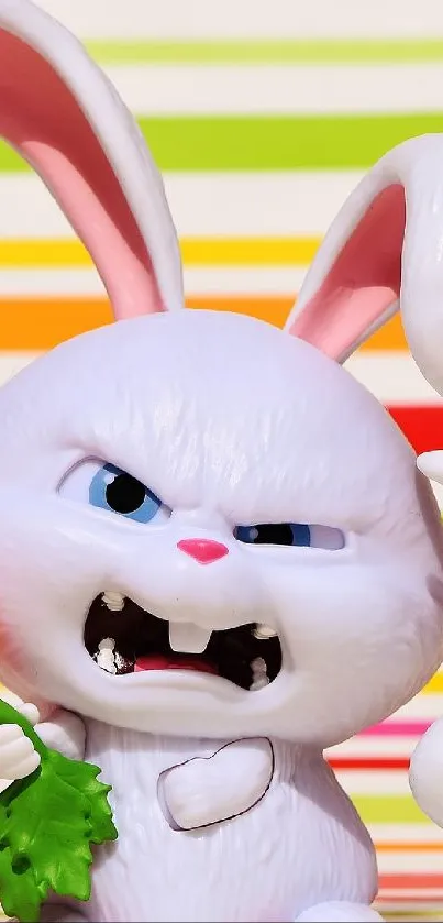 Playful cartoon bunnies with carrot on striped background.