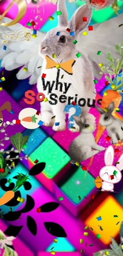 Playful colorful wallpaper with bunnies and confetti.