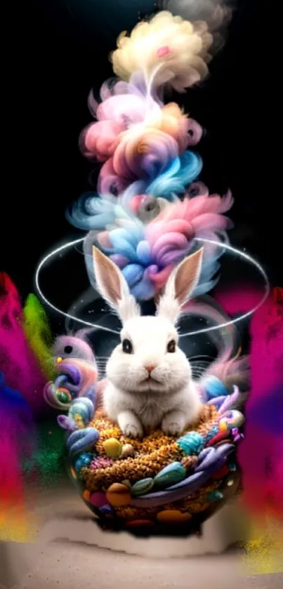 Colorful fantasy art of a bunny with clouds.