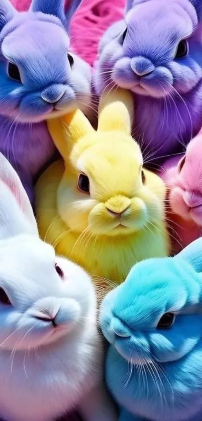 A group of vibrant, colorful bunnies huddled together in a playful setting.