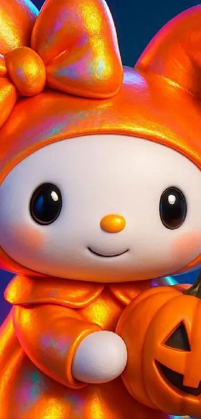 Colorful cartoon bunny in Halloween costume holding a pumpkin.