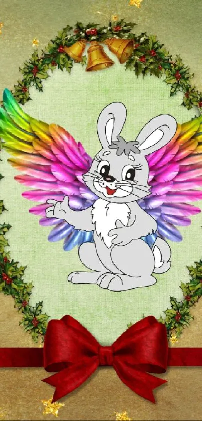 Colorful bunny with rainbow wings and festive wreath.