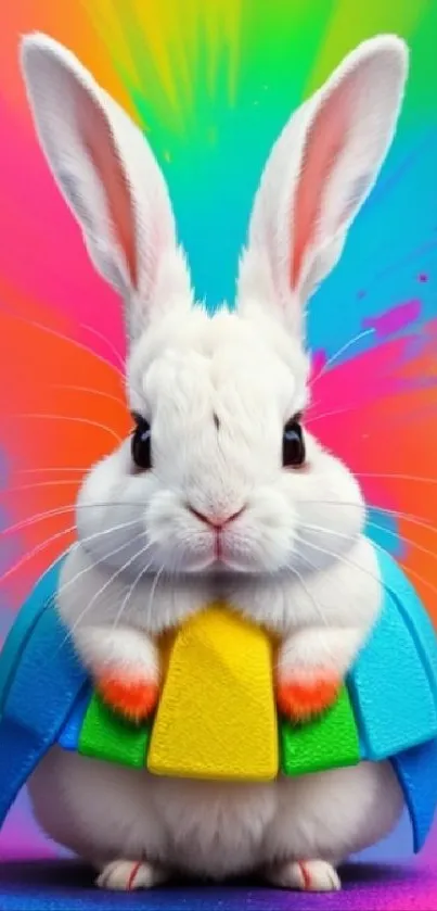 Adorable white bunny with a vibrant rainbow background.