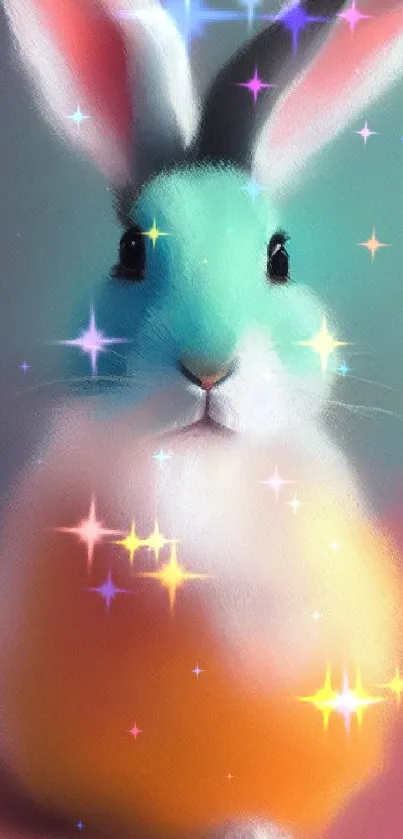 Colorful whimsical bunny on a vibrant mobile wallpaper background.