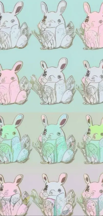 Pastel colored wallpaper with adorable bunny illustration.