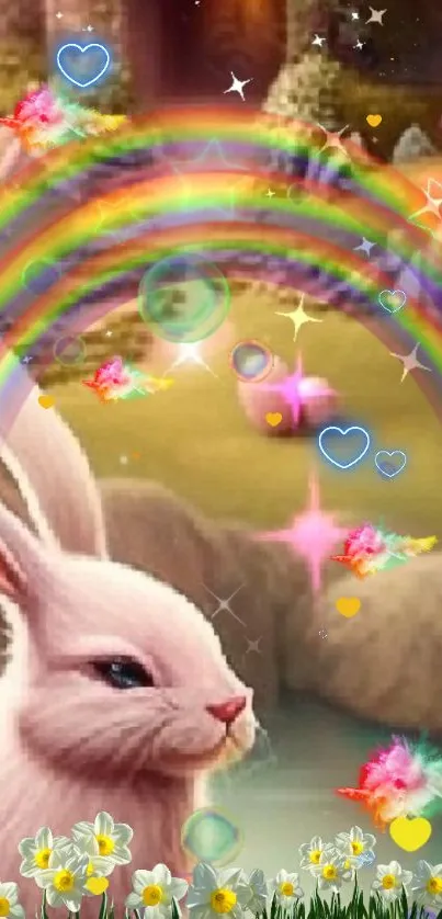 Whimsical bunny under rainbow with hearts and flowers.