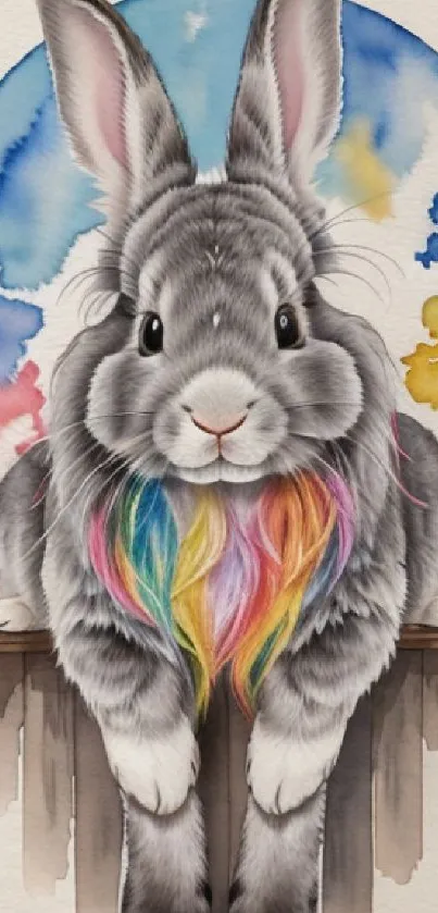 Colorful bunny with rainbow mane on watercolor background.