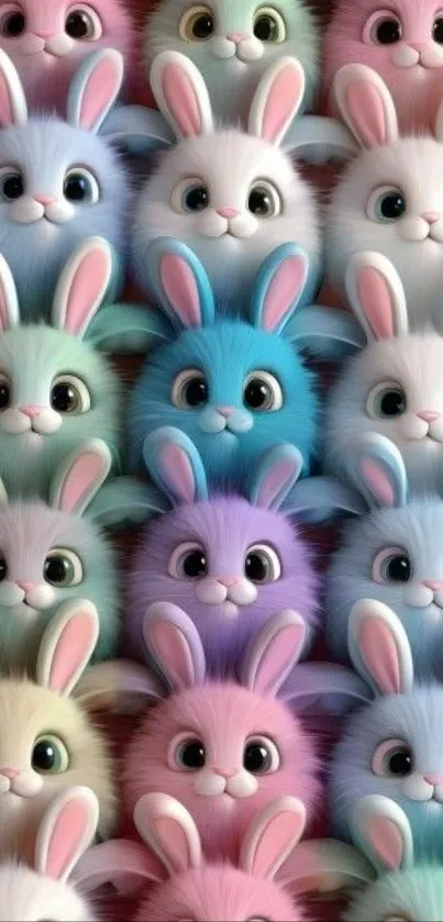 A pattern of colorful and fluffy bunny faces.