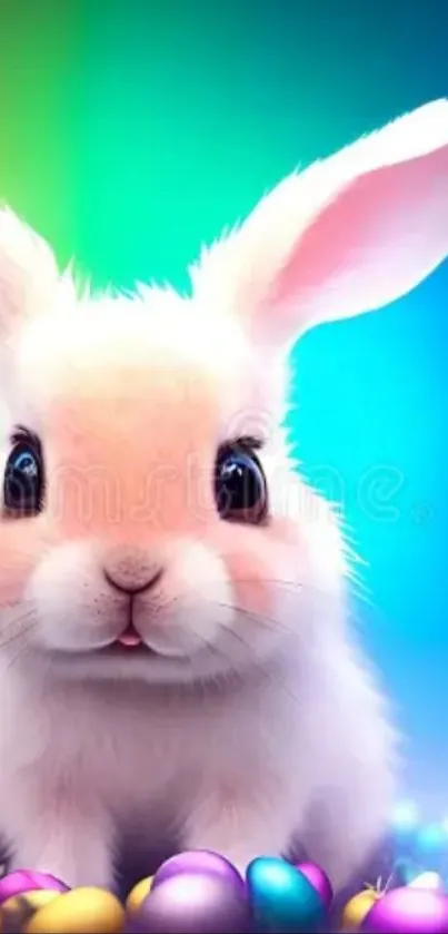 Cute bunny with colorful Easter eggs and vibrant blue background.