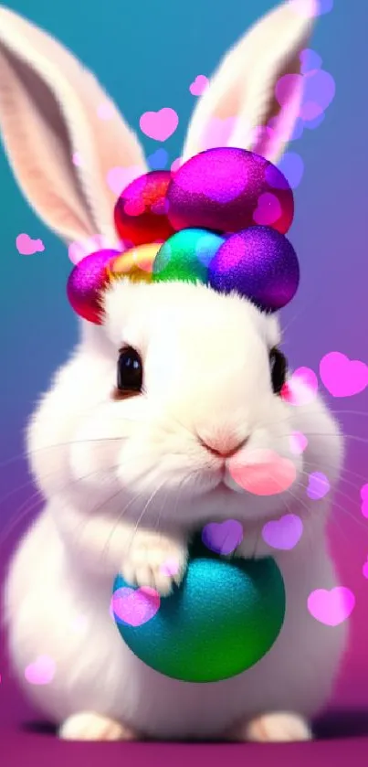 White bunny holding colorful Easter eggs on a purple background.