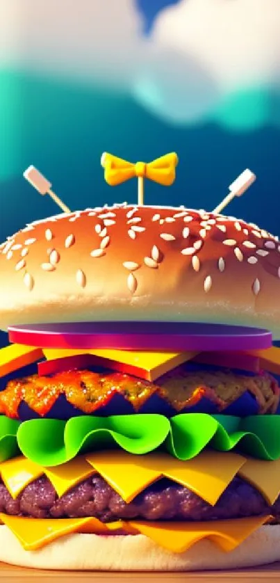 Vibrant artistic burger wallpaper with lettuce and cheese.