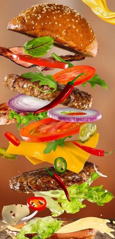 Colorful layers of a deconstructed burger floating mid-air.