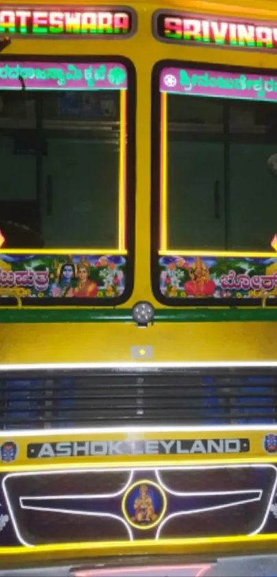 Detailed vibrant yellow Indian bus design with cultural artwork