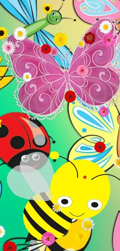 Colorful insects and flowers on a vibrant phone wallpaper.