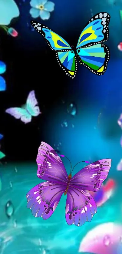 Vibrant butterfly and floral wallpaper with blue and purple hues.