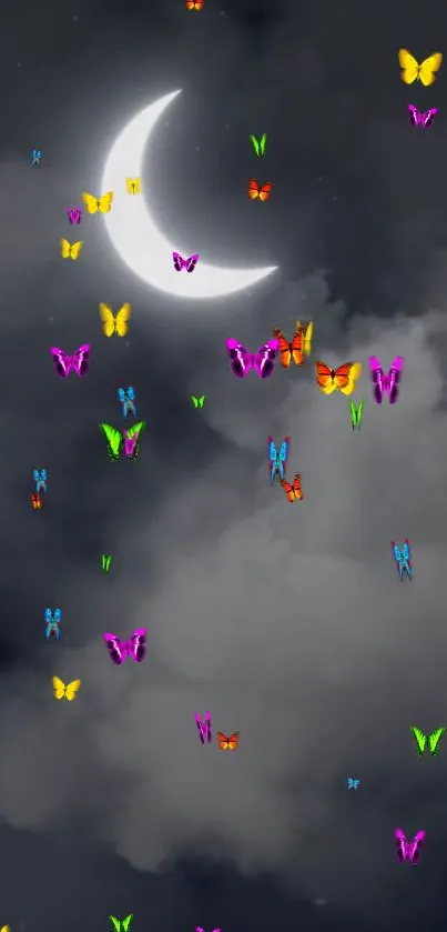 Colorful butterflies against a moonlit cloudy sky wallpaper.