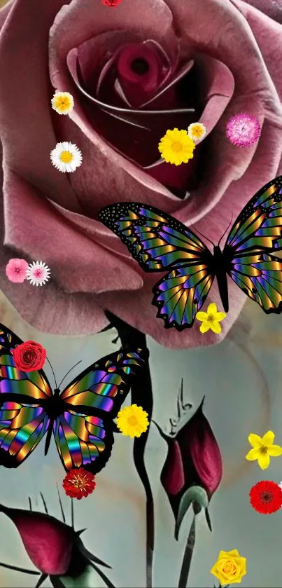 Colorful butterflies on pink rose with flowers.