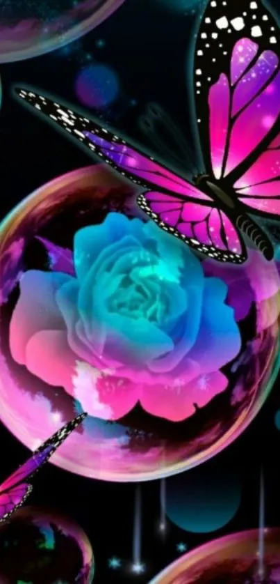 Vibrant artwork with butterflies and glowing bubbles on a black background.