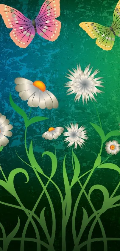 Vibrant green wallpaper with butterflies and daisies illustration.