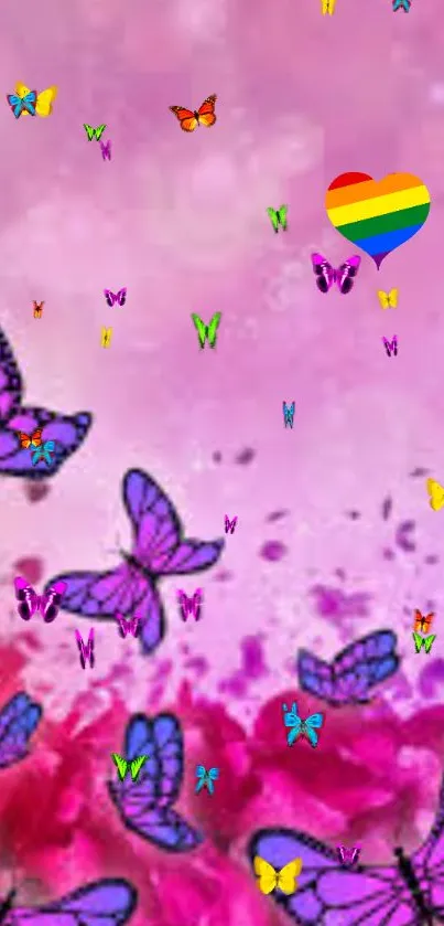 A pink wallpaper with colorful butterflies and a rainbow heart.