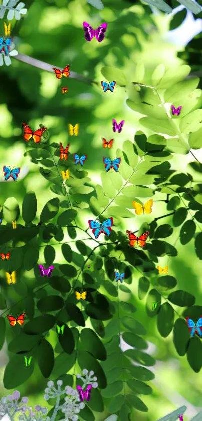 Vibrant wallpaper with butterflies on green leaves