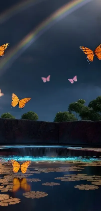 Vibrant butterflies and rainbows on a dark blue sky backdrop wallpaper.