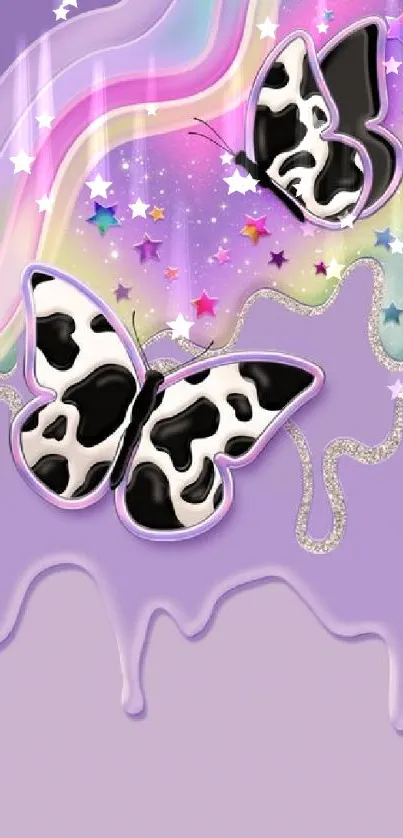 Vibrant wallpaper with cow-pattern butterflies and rainbow background.