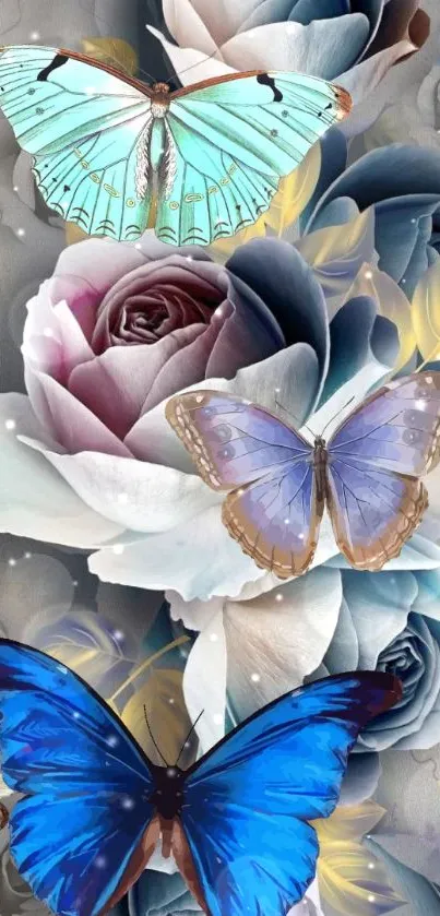 Artistic wallpaper with butterflies and roses.