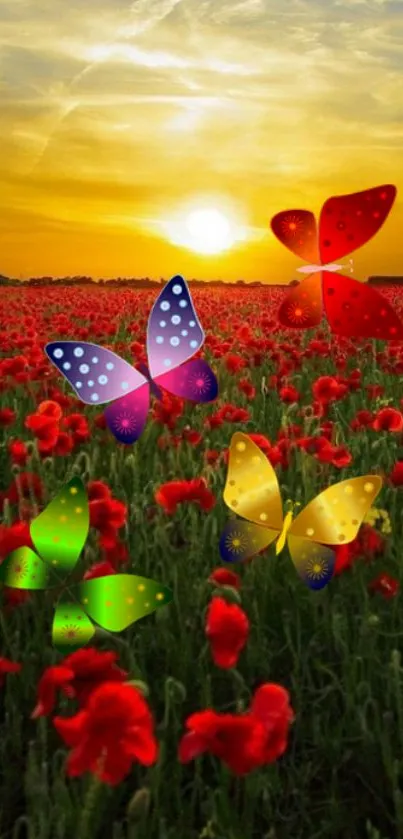 Colorful butterflies fluttering over a field of red flowers at sunset.