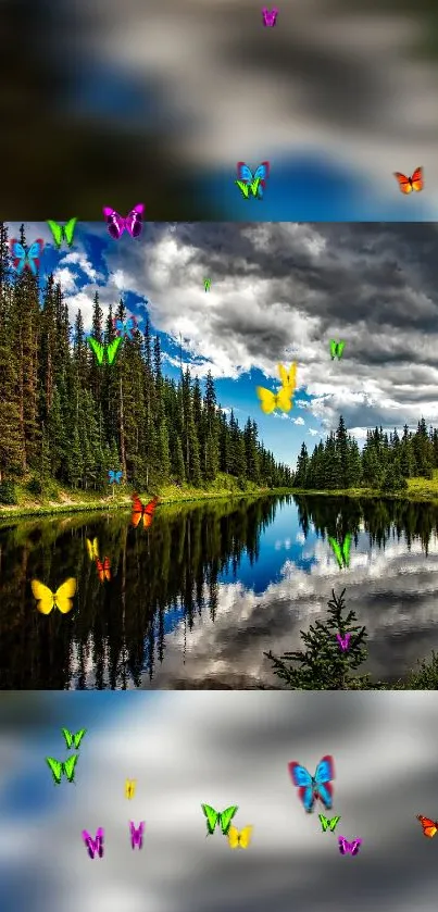 Colorful butterflies over a serene forest lake with clouds.