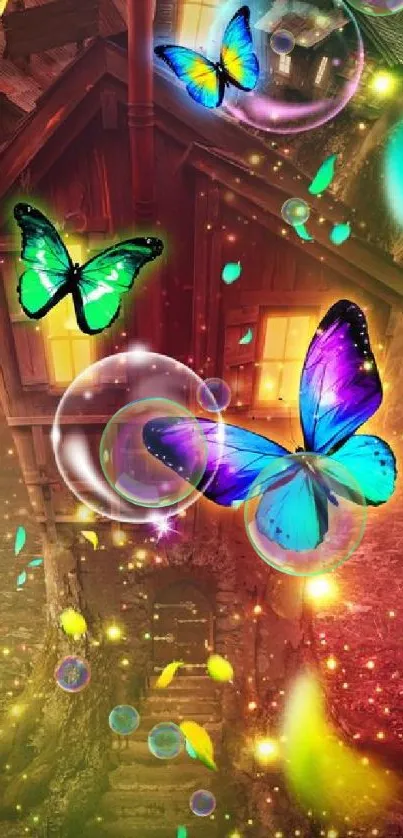 Colorful butterflies hover around a magical cabin in a fantasy setting.