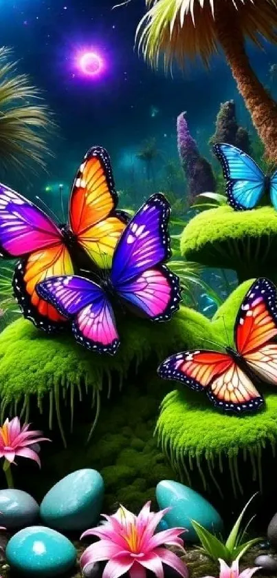 Colorful butterflies in a fantasy garden at night.