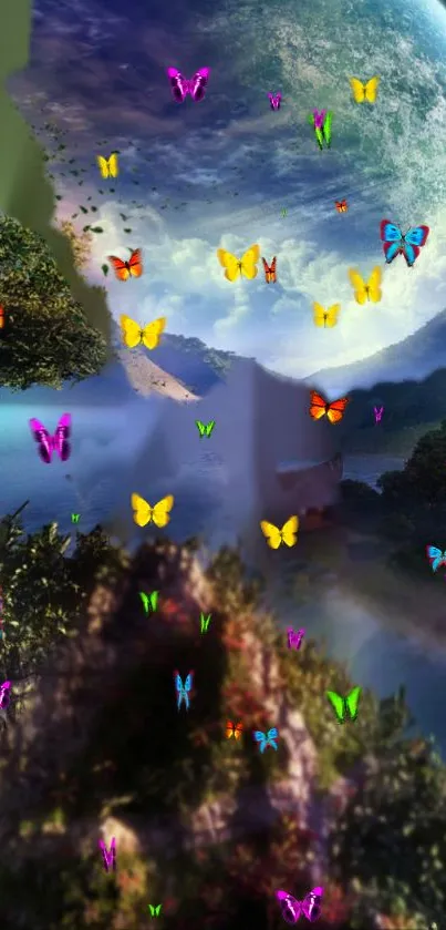 Mobile wallpaper with colorful butterflies in a fantasy landscape and a planet.