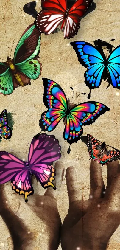 Vibrant butterflies soaring in the air with hands below.