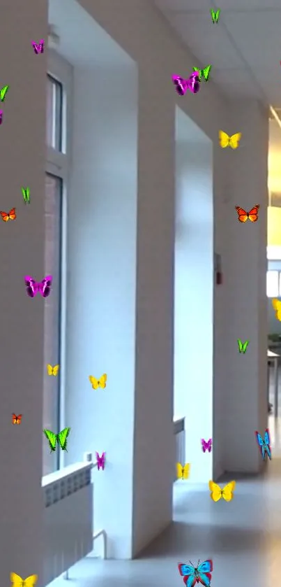 Vibrant butterflies flutter in a serene hallway setting.