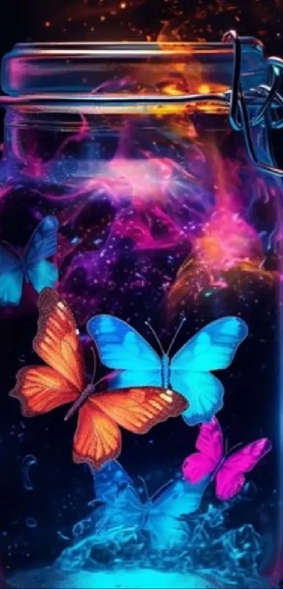 Vibrant neon butterflies in a glowing jar wallpaper.