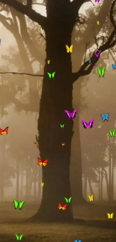 Colorful butterflies fluttering in a misty forest with tree silhouettes.